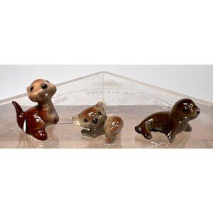 Vtg Mini Ceramic Animal Figurines Set Of 3 -Seal Squirrel Kola Brown Glossy